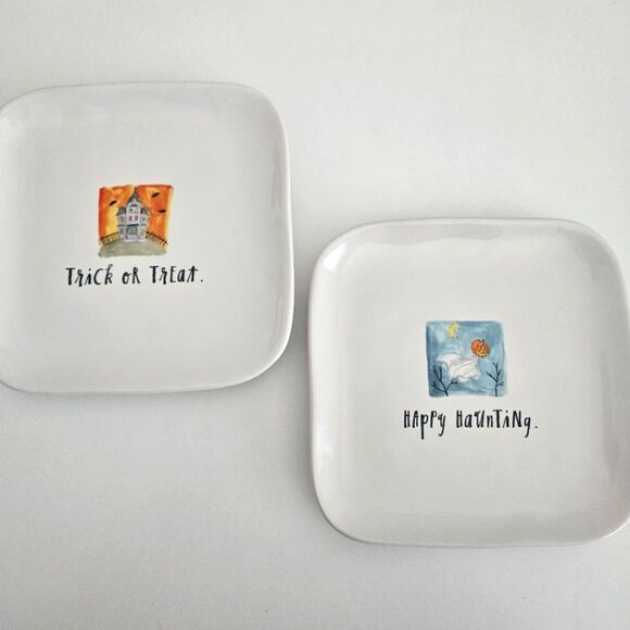 NEW Rae Dunn | Set Of Two Halloween Trick Or Treat Happy Haunting Square Plates - Picture 2 of 7